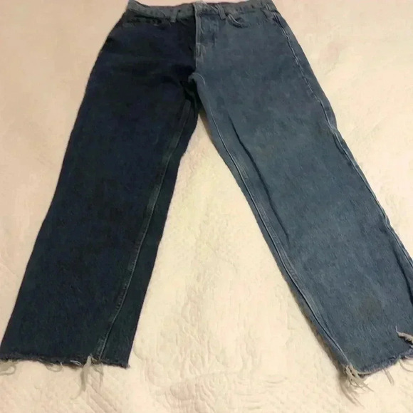 BDG Pax high rise jeans with button close. Each leg is a different color blue - Picture 2 of 7